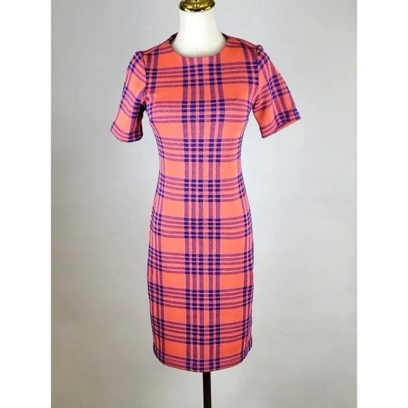 Cynthia Rowley Midi Dress Womens 2 Pink Plaid Bodycon Pencil Straight Casual NEW - Picture 2 of 6